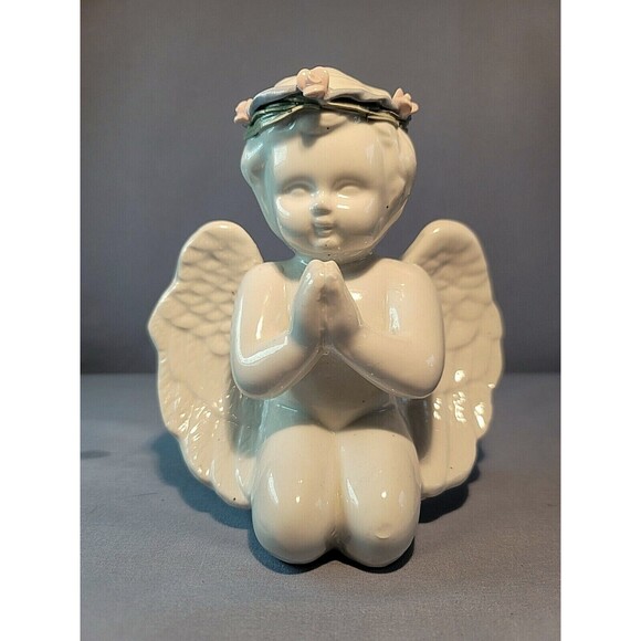 Praying Angel Cherub Figurine w/ Wreath Garland 7'' Kneeling White Ceramic - Picture 1 of 6
